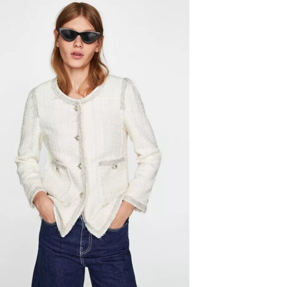 Zara Ivory Tweed Blazer Pearl Buttons and Silver Threads Edging, NWT, S - Picture 3 of 15